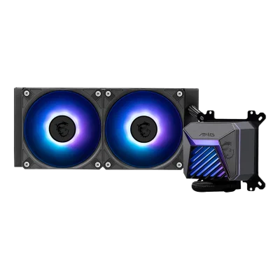 Система жидкостного охлаждения/ Water Cooling System MSI MAG CORELIQUID A15 240 (240W, 240mm, Black, ARGB/ Fans: 2x120mm, 64.89CFM, 28.7dBA, 2050RPM/ Pump 20dBA, 3400RPM, Rad thickness 27mm/ S: 1851, 1700, AM5, AM4)