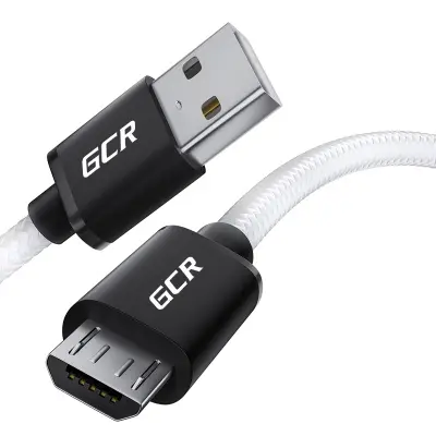 GCR Кабель 1.0m MicroUSB, быстрая зарядка, медь, белый, в оплетке нейлон, черные коннекторы