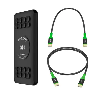 GCR Комплект PowerBank на 20000mAh беспроводная зарядка Qi с креплением 15W/QC 3.0/PD + 2 кабеля Type-C M/M, 0.15m/1.0m PD 60W, черный