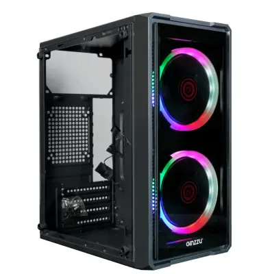 Корпус Ginzzu B177  2*USB 2.0,AU FAN 2*12 LED передняя и боковая панель стекло