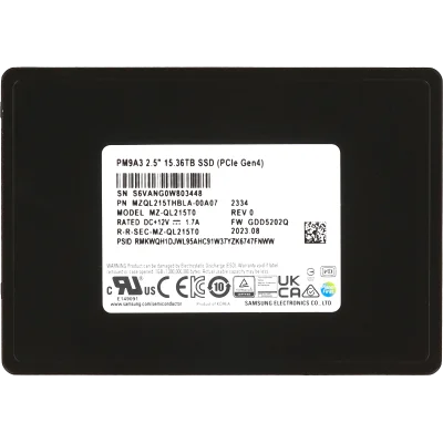 Твердотельный накопитель/ Samsung SSD PM9A3, 15360GB, U.2(2.5" 7mm), NVMe, PCIe 4.0 x4, 3D TLC, R/W 6700/4000MB/s, IOPs 1 100 000/200 000, TBW 28032, DWPD 1 (12 мес.) pulled