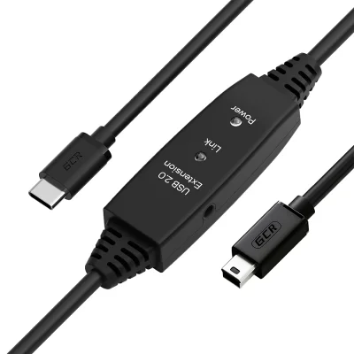 GCR PRO Кабель активный 5.0m TypeC / Mini 5P USB 2.0, медь, с усилителем сигнала, разъём для доп.питания, черный, 28/24 AWG