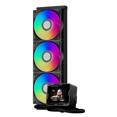 Система охлаждения/ Water Cooling System PCCooler GT360M ARGB Display BK (300W, 360mm, LED temp., Black, ARGB/ Fans: 3x120mm, 75.8CFM, 33.7dBA, 2200RPM/ Pump height 85mm, 15dBA, 2600RPM, Rad thickness 27mm/ S: 1851, 1700, 1200, 115X, AM5, AM4)