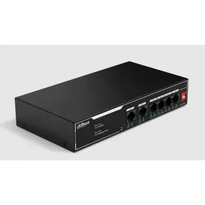 DAHUA DH-SF1006LP 6-портовый неуправляемый коммутатор с РоЕ, 4xRJ45 100Mb PoE, 2xRJ45 100Mb uplink, суммарно 36Вт, коммутация 1.2 Гбит/с, MAC-таблица 2K, металл