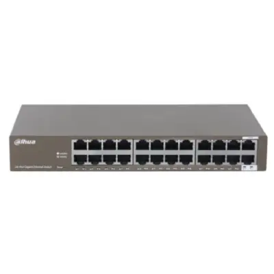 DAHUA DH-SG1024M 24-портовый гигабитный неуправляемый коммутатор, 22xRJ45 1Gb, 2xRJ45 1Gb uplink, коммутация 48 Гбит/с, MAC-таблица 8K, металл