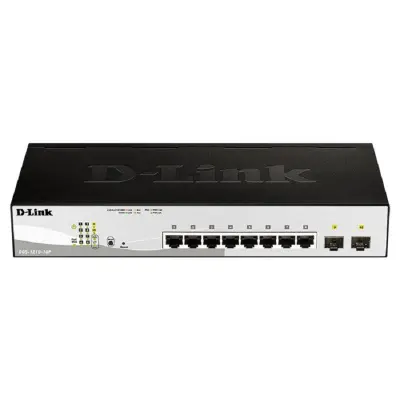 D-Link DGS-1210-10P/F3A Настраиваемый L2 коммутатор с 8 портами 10/100/1000Base-T и 2 портами 1000Base-X SFP (8 портов PoE 802.3af/at, PoE-бюджет 65 Вт)