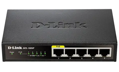 D-Link DGS-1005P/A1A Неуправляемый коммутатор с 5 портами 10/100/1000Base-T, функцией энергосбережения и поддержкой QoS (4 порта с поддержкой PoE 802.3af/802.3at (30 Вт), PoE-бюджет 60 Вт)