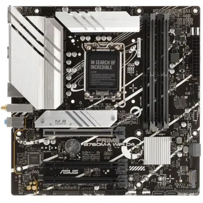 ASUS PRIME B760M-A WIFI D4 (Socket1700,  mATX, 4xDDR4(128GB), DP/2xHDMI, 3xPCIe 4.0x16, 1xLAN (2.5GbE), Wi-Fi, BT, 4xSATA 6Gb/s, 2xM.2, 2xUSB 3.2, 4xUSB 2.0, 1xPS/2)
