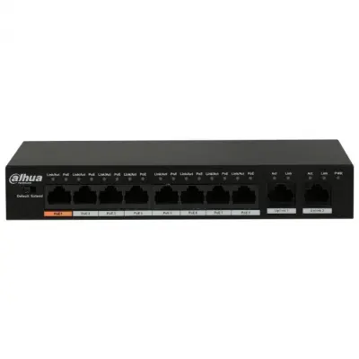 DAHUA DH-PFS3010-8ET-96 10-портовый неуправляемый коммутатор с РоЕ, 8xRJ45 100Mb PoE, 2xRJ45 1Gb uplink, суммарно 96Вт, коммутация 5.6 Гбит/с, MAC-таблица 8К, металл