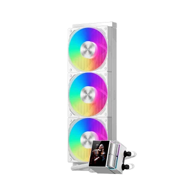 Система охлаждения/ Water Cooling System PCCooler DS360 ARGB Display WH (310W, 360mm, LED, White, ARGB/ Fans: 3x120mm, 90.56CFM, 39.8dBA, 2500RPM/ Pump height 65mm, 15dBA, 2600RPM, Rad thickness 27mm/ S: 1851, 1700, 1200, 115X, AM5, AM4)