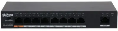 DAHUA DH-PFS3009-8ET1GT-96 9-портовый неуправляемый коммутатор с РоЕ, 8xRJ45 100Mb PoE, 1xRJ45 1Gb uplink, суммарно 96Вт, коммутация 3.6 Гбит/с, MAC-таблица 2К, металл