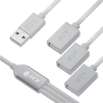 GCR USB Hub на 3 порта, 1.2m, гибкий, AM / 3 х AF, белый