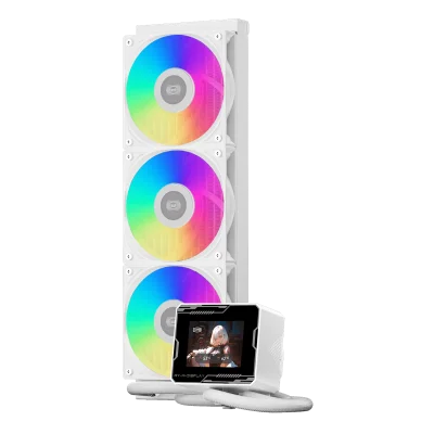 Система охлаждения/ Water Cooling System PCCooler GT360M ARGB Display WH (300W, 360mm, LED temp., White, ARGB/ Fans: 3x120mm, 75.8CFM, 33.7dBA, 2200RPM/ Pump height 85mm, 15dBA, 2600RPM, Rad thickness 27mm/ S: 1851, 1700, 1200, 115X, AM5, AM4)