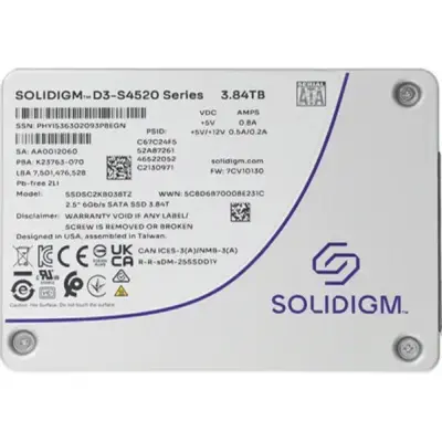 Накопитель Solidigm SSD D3-S4520 Series, 3840GB, 2.5" 7mm, SATA3, TLC, R/W 550/510MB/s, IOPs 92 000/31 000, TBW 15300, DWPD 2 (12 мес.)