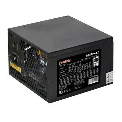 Exegate EX282044RUS Блок питания 600W Exegate 600PPH-LT,  80+, RTL, ATX, black, APFC, 12cm, 24p, (4+4)p, 5*SATA, 3*IDE