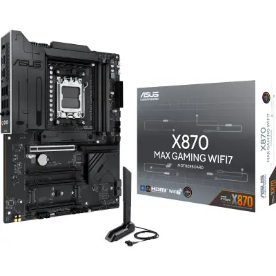 ASUS X870 MAX GAMING WIFI7 (Socket AM5, ATX, 4xDDR5(256GB), HDMI, 1xPCIe 5.0x16/2xPCIe 4.0x16/xPCIe 3.0x16, 1xLAN (2.5GbE), Wi-Fi 7, BT, 4xSATA 6Gb/s, 3xM.2, 2xUSB4 Type-C, 4xUSB 3.2, 4xUSB 2.0)