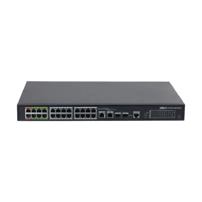 DAHUA DH-LR2226-24ET-360-V2 26-портовый управляемый коммутатор с ePoE, уровень L2, 24xRJ45 100Mb PoE, 2хКомбо SFP/RJ45 1Gb uplink, суммарно 360Вт, коммутация 8.8 Гбит/с, MAC-таблица 4К