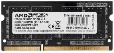 Память DDR3 4Gb 1600MHz AMD R534G1601S1SL-U RTL PC3-12800 CL11 SO-DIMM 204-pin 1.35В