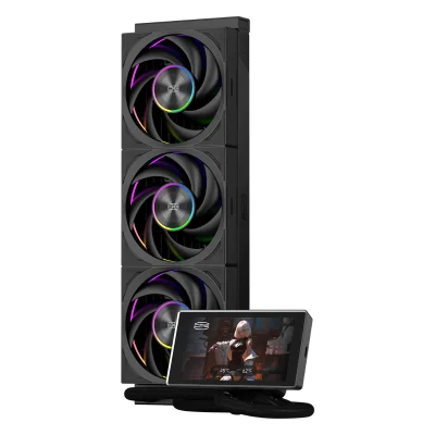 Система охлаждения/ Water Cooling System PCCooler DT360 Max ARGB Display BK (300W, 360mm, LED, Black, ARGB/ Fans: 3x120mm, 83CFM, 33.1dBA, 3000RPM/ Pump height 63mm, 15dBA, 2600RPM, Rad thickness 27mm/ S: 1851, 1700, 1200, 115X, AM5, AM4)
