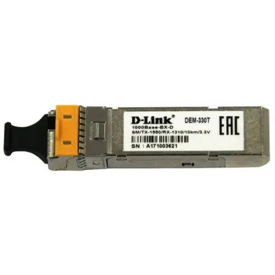 D-Link 330T/10KM/A1A WDM SFP-трансивер с 1 портом 1000Base-BX-D (Tx:1550 нм, Rx:1310 нм) для одномодового оптического кабеля (до 10 км, разъем Simplex LC)