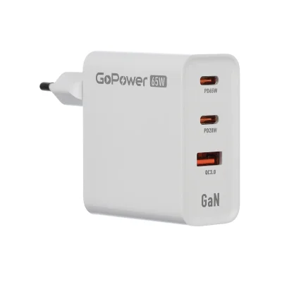 Сетевое З/У/ Сетевое З/У GoPower GPQC10 1USB+2Type-C 65W QC3.0 GAN белый