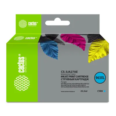 -/ Картридж струйный Cactus CS-3JA27AE 963XL голубой (25.5мл) для HP OfficeJet Pro 9010/9010e/9012/9014