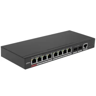 DAHUA DH-CHS4210-8GT-110 8-портовый гигабитный PoE облачный коммутатор; 8xRJ45 1G (PoE/PoE+/Hi-PoE/802.3bt), 2xSFP 1G (uplink);суммарно до 110Вт; PoE watchdog, до 250м; грозозащита 6кВ; IP30, IK06;