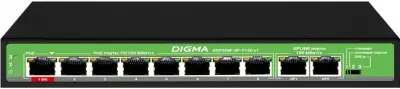 Коммутатор Digma DSP208F-2F-T120 DSP208F-2F-T120 V1 10x100Мбит/с 8PoE 8PoE+ 1PoE++ 120W неуправляемый