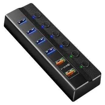 ORIENT BC-306PSQC, USB 3.2 Gen1 (USB 3.0) HUB 4 порта + 2 порта Quick Charge 3.0 для быстрой зарядки, выключатели на каждый порт, внешний блок питания 12В/3А, USB Type-A, черный (33211)