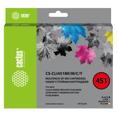 -/ Картридж струйный Cactus CS-CLI451BK/M/C/Y черный/голубой/желтый/пурпурный набор (40.8мл) для Canon