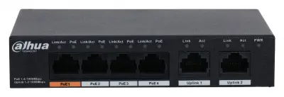 DAHUA DH-PFS3006-4GT-60 6-портовый гигабитный неуправляемый коммутатор с РоЕ, 4xRJ45 1Gb PoE, 2xRJ45 1Gb uplink, суммарно 60Вт, коммутация 14Гбит/с, MAC-таблица 2К, металл