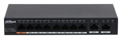 DAHUA DH-PFS3010-8GT-96 10-портовый гигабитный неуправляемый коммутатор с РоЕ, 8xRJ45 1Gb PoE, 2xRJ45 1Gb uplink, суммарно 96Вт, коммутация 20Гбит/с, MAC-таблица 4К, металл