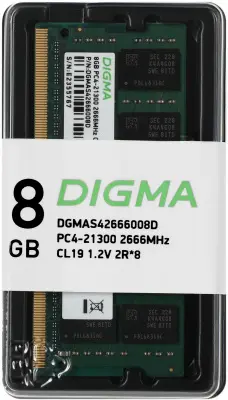 Память DDR4 8Gb 2666MHz Digma DGMAS42666008D RTL PC4-21300 CL19 SO-DIMM 260-pin 1.2В dual rank Ret