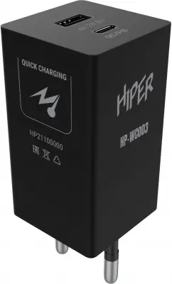 Сетевое зар./устр. Hiper HP-WC003 20W 3A+2.22A (PD+QC) USB-C/USB-A универсальное черный
