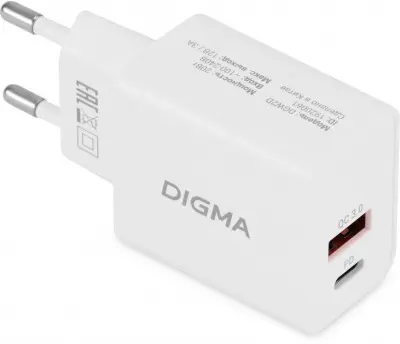 Сетевое зар./устр. Digma DGW2D 20W 3A+1A (PD+QC) USB-C/USB-A универсальное белый (DGW2D0F110WH)