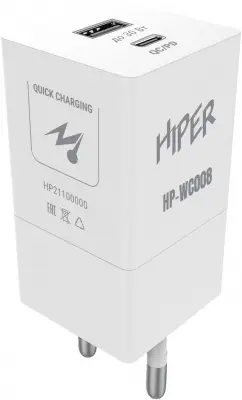 Сетевое зар./устр. Hiper HP-WC008 3A+2.5A (PD+QC) USB-C/USB-A универсальное белый