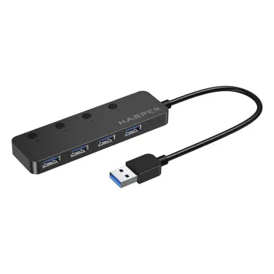 HARPER HUB-04MB Black USB-концентратор, Интерфейс: 4 х USB 3.2, 1 х Micro USB  Переходник: USB 3.0 / Type-C, Скорость передачи данных: до 5 Гб/с, Материал корпуса: Алюминий, Индикатор работы устройств