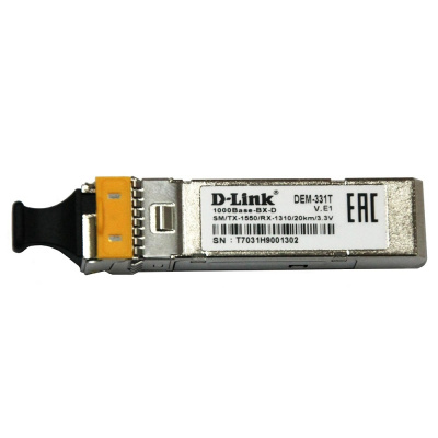 D-Link 331T/20KM/A1A WDM SFP-трансивер с 1 портом 1000BASE-BX-D (Tx:1550 нм, Rx:1310 нм) для одномодового оптического кабеля