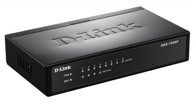 D-Link DES-1008P/C1A Неуправляемый коммутатор с 8 портами 10/100Base-TX (4 порта с поддержкой PoE 802.3af (15,4 Вт), PoE-бюджет 52 Вт)