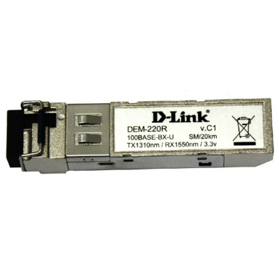 D-Link 220R/20KM/A1A WDM SFP-трансивер с 1 портом 100Base-BX-U (Tx:1310 нм, Rx:1550 нм) для одномодового оптического кабеля (до 20 км)