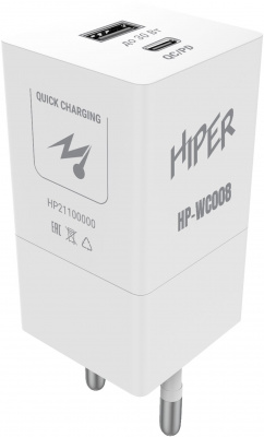 Сетевое зар./устр. Hiper HP-WC008 3A+2.5A PD+QC универсальное белый