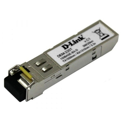 D-Link 220T/20KM/A1A WDM SFP-трансивер с 1 портом 100Base-BX-D (Tx:1550 нм, Rx:1310 нм) для одномодового оптического кабеля (до 20 км)